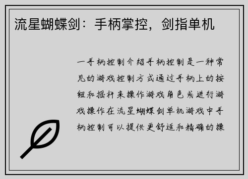 流星蝴蝶剑：手柄掌控，剑指单机