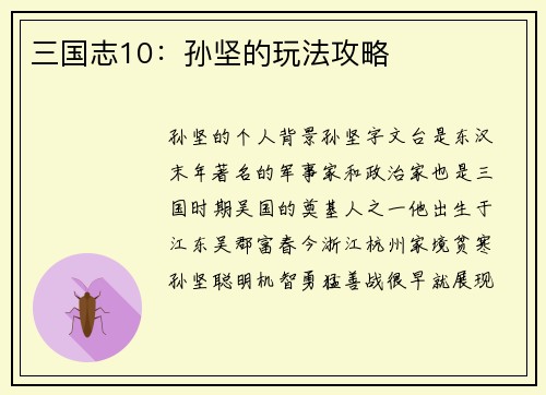 三国志10：孙坚的玩法攻略
